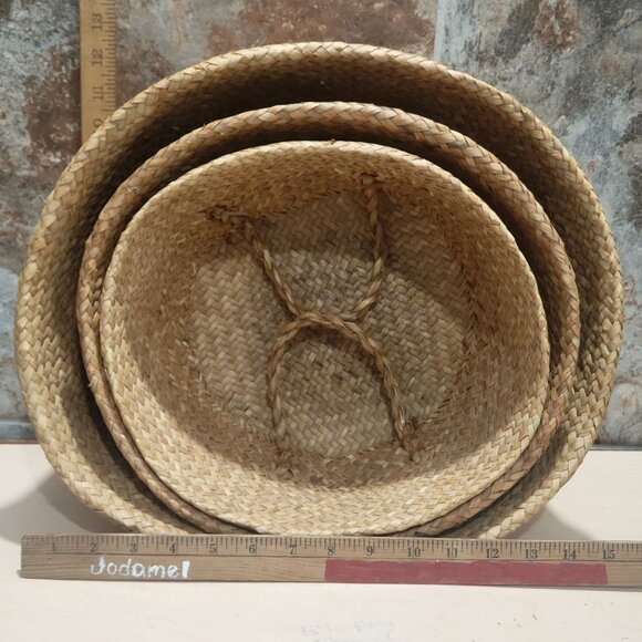 Nested  Woven Seagrass Baskets Rounded Belly Foldable Handles Set of 3 - Picture 8 of 13
